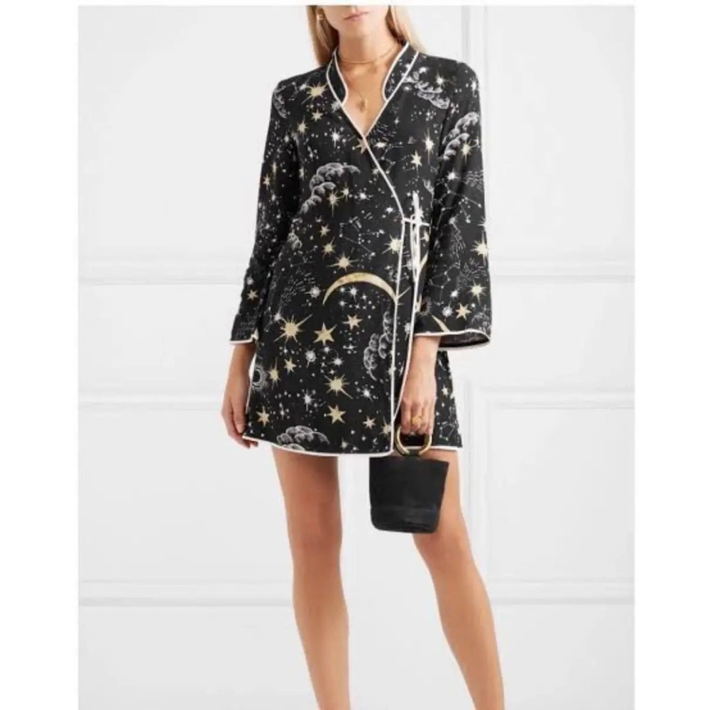 Rixo London Iris Crepe Moon Star Sun constellation celestial print wrap dress